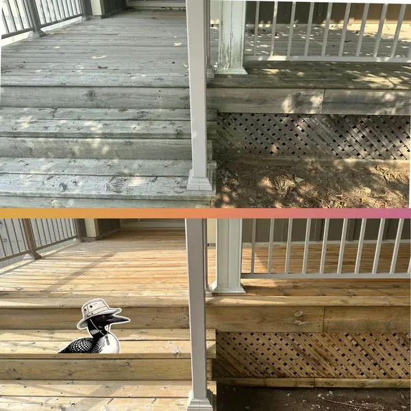 Before and after — grey, weathered porch boards revived with a wood-safe wash