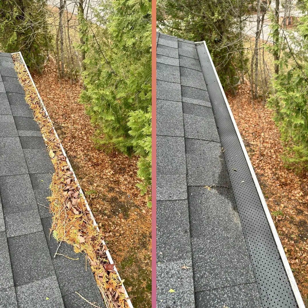 Before and after — A guarded eavestrough matted over with cedar needles and leaves, cleared back to free-running — proof that guards slow debris down but don’t stop it.