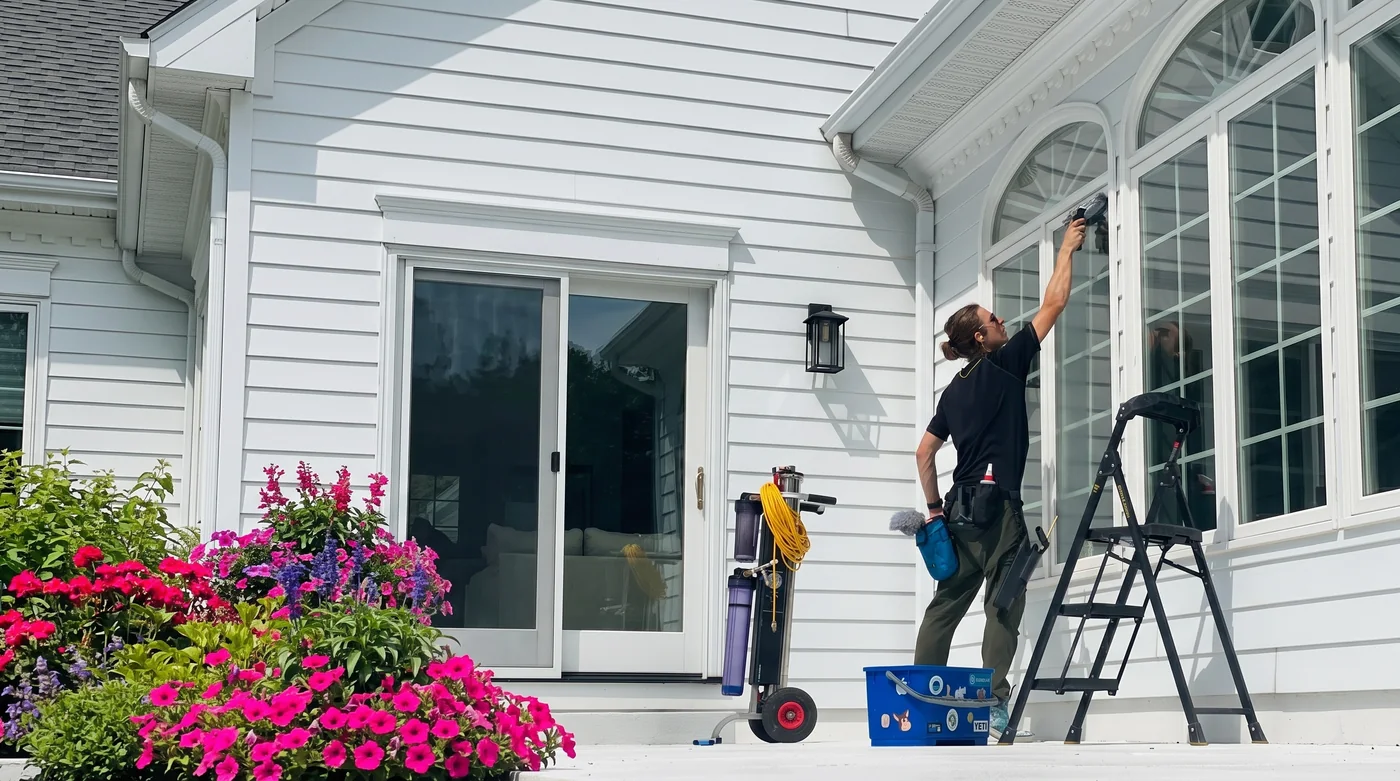 Blair cleaning the tall arched windows of a white Simcoe County home from a step ladder on a clear summer day, the pure-water pole cart and tool bucket beside him and petunias flowering along the walk