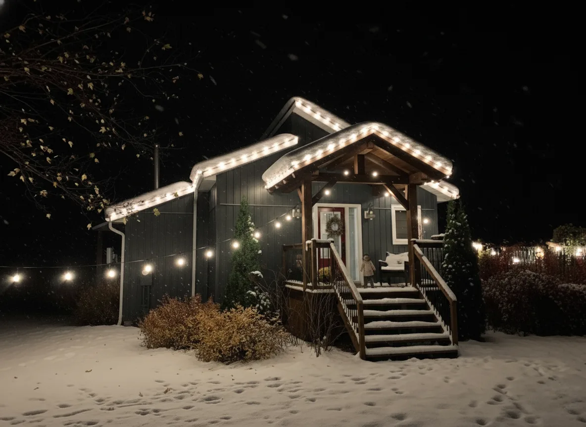 Professional Christmas light installation — Coldwater · warm white on a village home