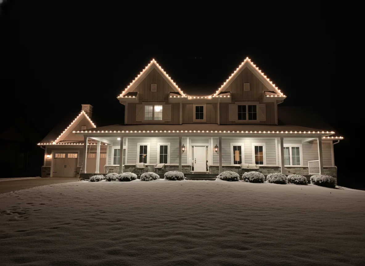 Professional Christmas light installation — Braestone, Oro-Medonte · pure white farmhouse