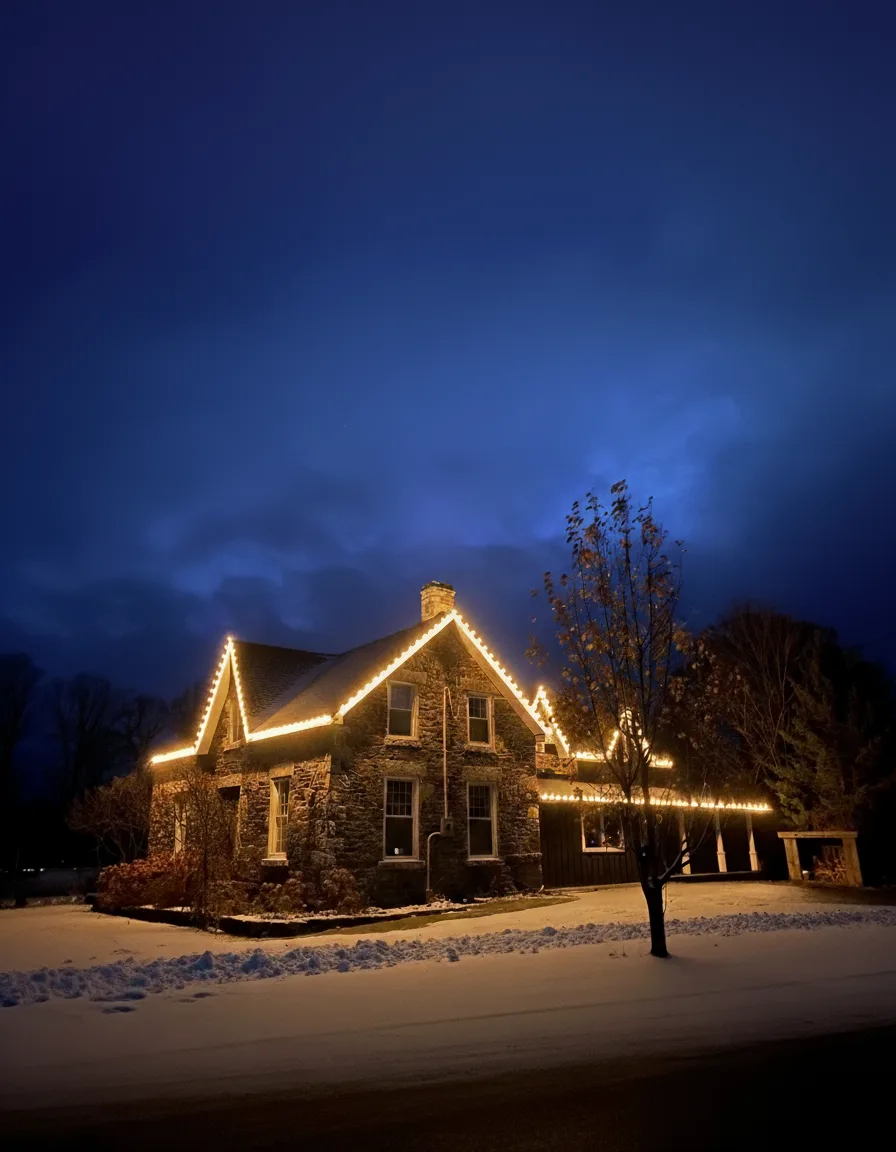 Professional Christmas light installation — Oro-Medonte · roofline & porch at dusk