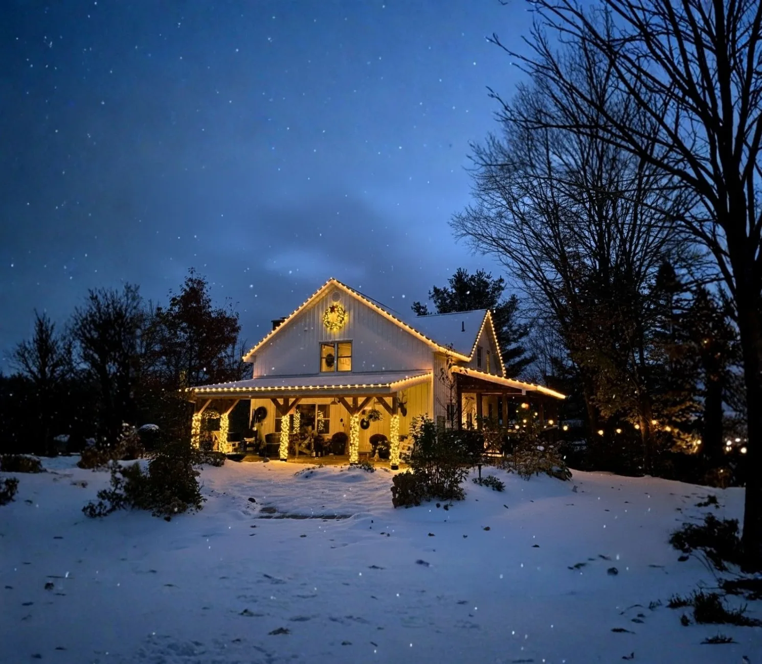 Professional Christmas light installation — Rosseau · warm white with wreath & garland