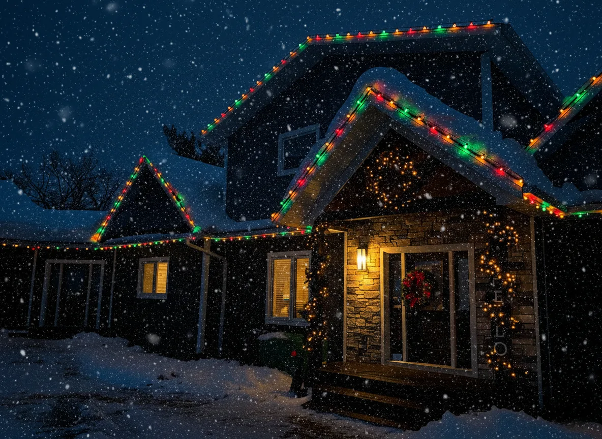 Professional Christmas light installation — Severn · red, green & warm white in the snowfall