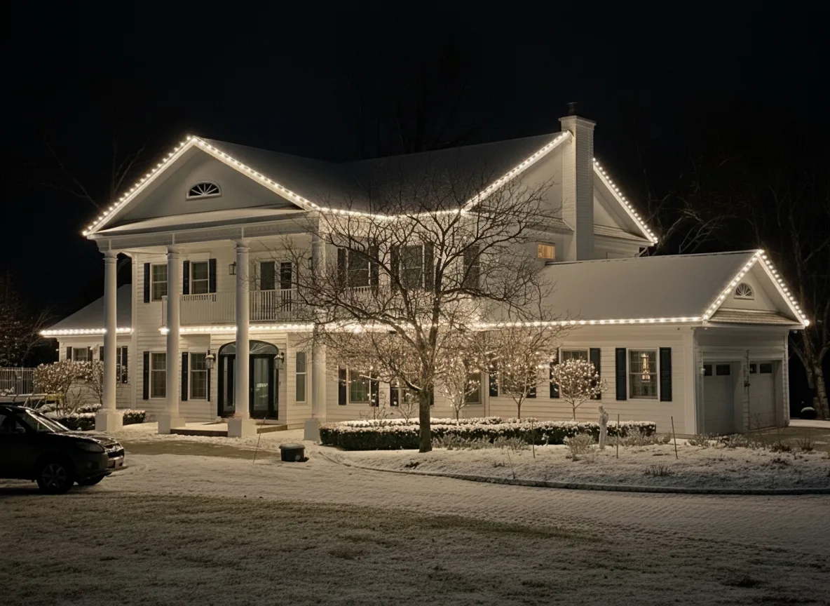 Warm white professional Christmas lights on a large colonial home in Shanty Bay, Barrie — installed by Nord