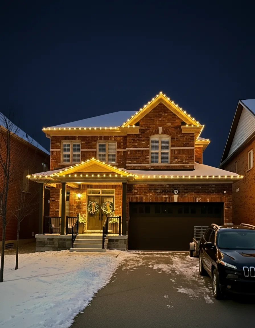 Professional Christmas light installation — Springwater · brick two-storey, warm white