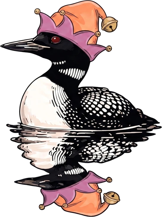 The Nord loon in a festive elf hat, floating on dark water